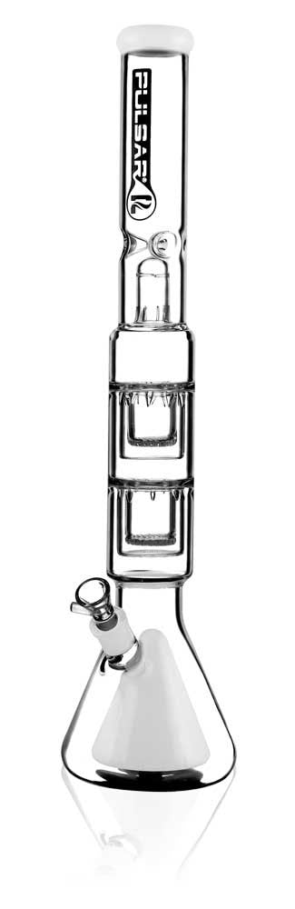 Pulsar Beaker Bong with Double Inverted Showerhead Percs, 21.5" Tall, Front View on White