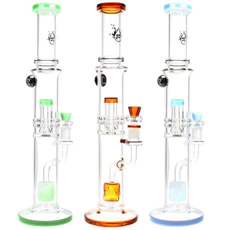 Pulsar Dual Chamber Bongs with Honeycomb Percs, Thick Glass, in Various Colors, Front View