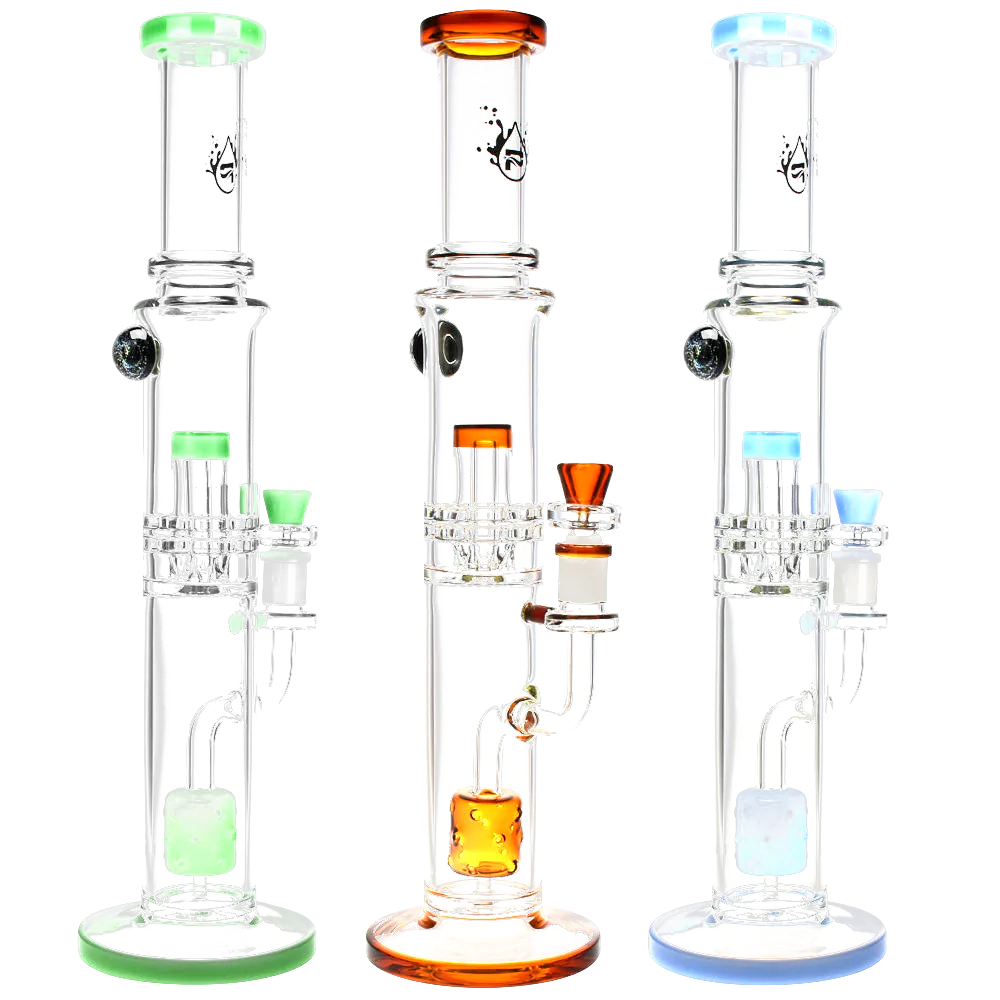 Pulsar Dual Chamber Bongs with Honeycomb Percs, Thick Glass, in Various Colors, Front View