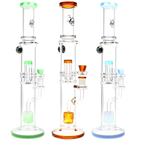 Pulsar Dual Chamber Bongs with Honeycomb Percs, Thick Glass, in Various Colors, Front View