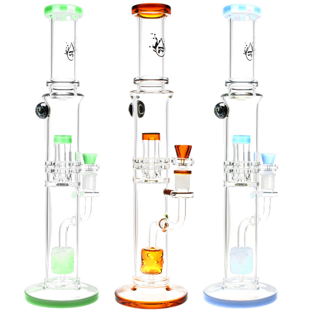 Pulsar Dual Chamber Bongs with Honeycomb Percs, Thick Glass, in Various Colors, Front View