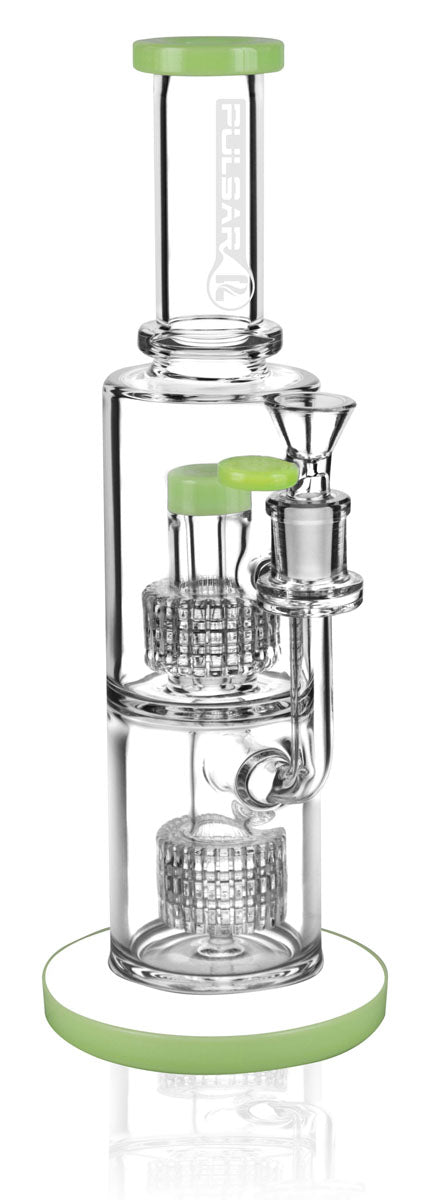 Pulsar Dual Matrix Water Pipe, 11.75" tall, 14mm female joint, with dual percolators, front view on white