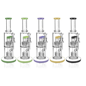 Pulsar Dual Matrix Water Pipes lineup featuring borosilicate glass, 14mm F joint, and various base colors