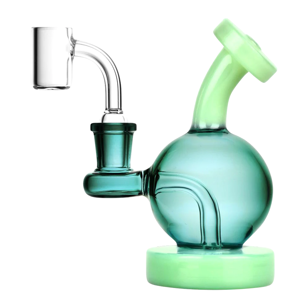 Pulsar Duality Sphere Mini Rig in teal, compact 5" borosilicate glass with quartz banger for concentrates