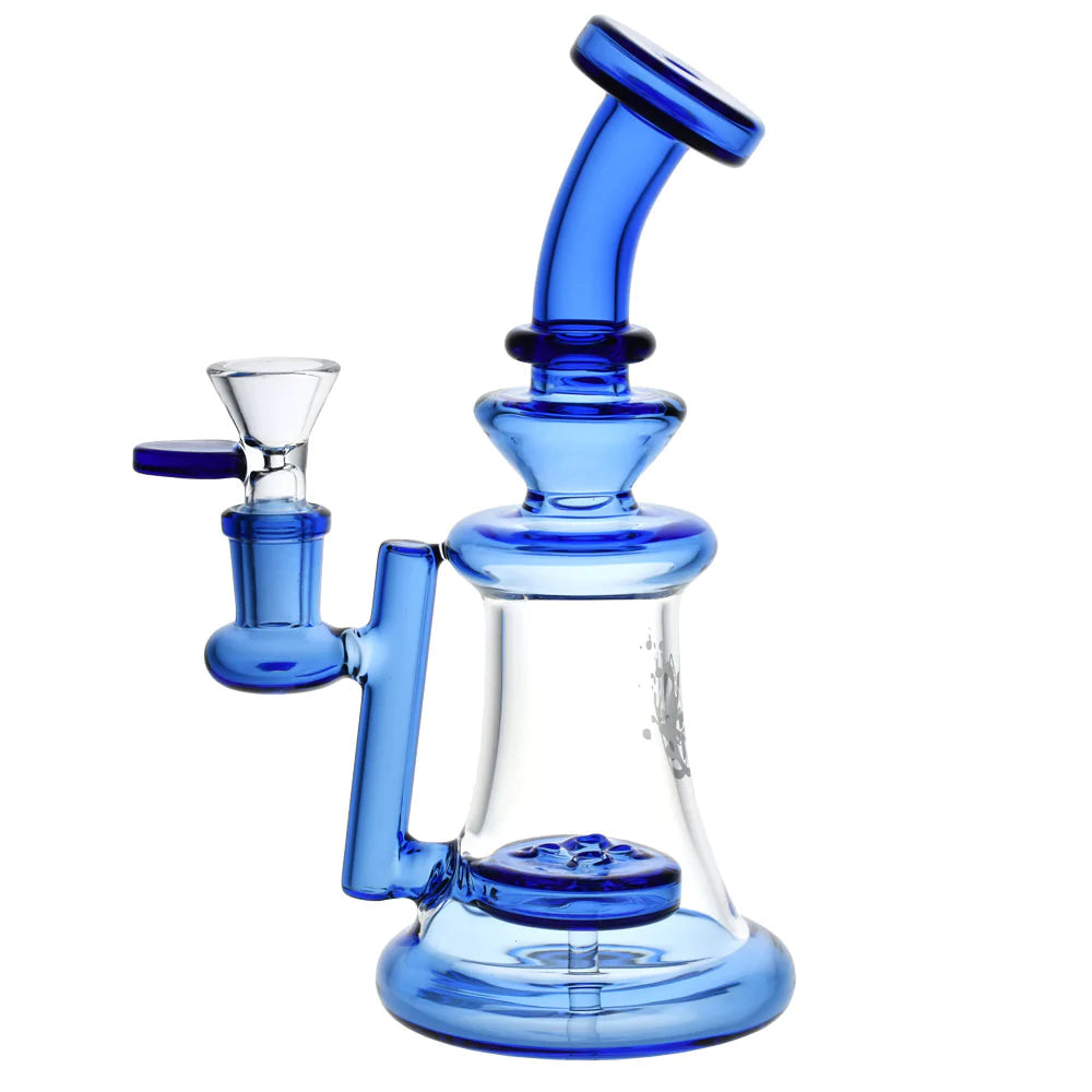 Pulsar Elbow Compact Water Pipe in blue, 7.5" tall, 90-degree joint, thick borosilicate glass, front view
