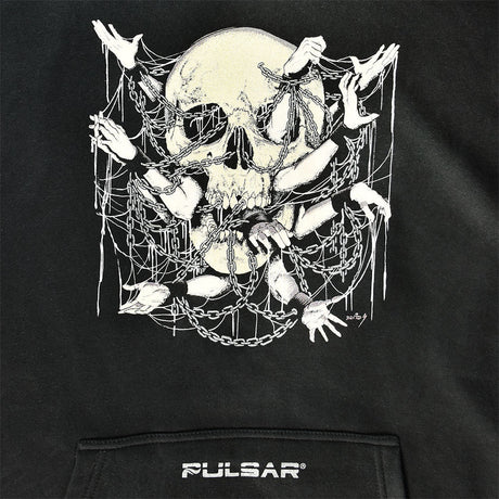 Pulsar Eternal Prison Hoodie with detailed skull graphic, front view on black cotton fabric