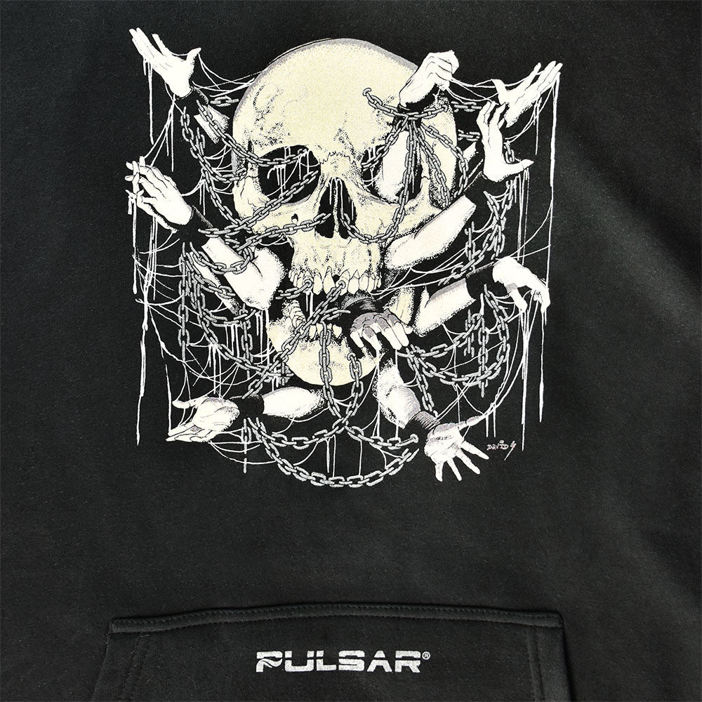 Pulsar Eternal Prison Hoodie with detailed skull graphic, front view on black cotton fabric