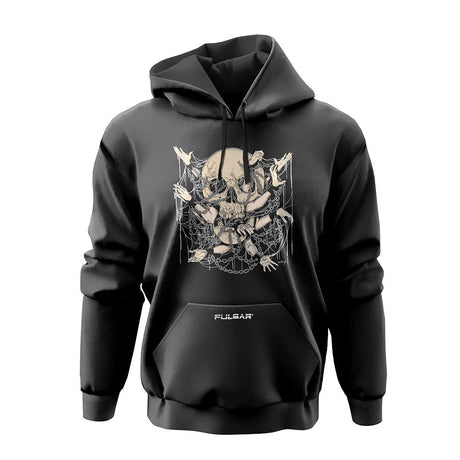 Pulsar Eternal Prison Hoodie in black with intricate skull design, front view on a white background