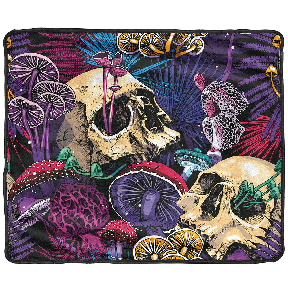 Pulsar Fleece Throw Blanket - Forgotten Trip with Psychedelic Skull and Mushrooms Design - 60" x 50"