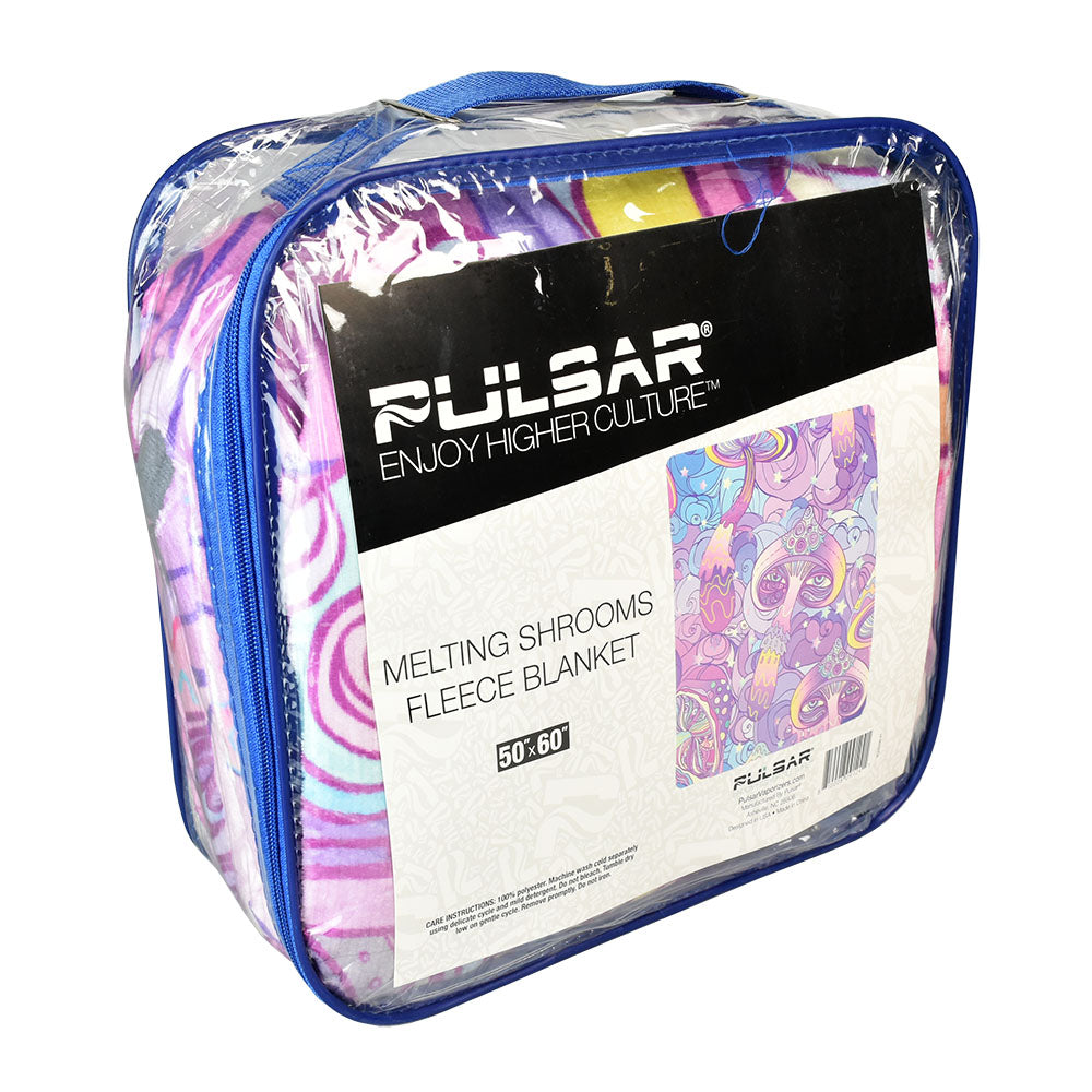 Pulsar Fleece Throw Blanket with Melting Shrooms design, packaged, 50" x 60", vibrant colors