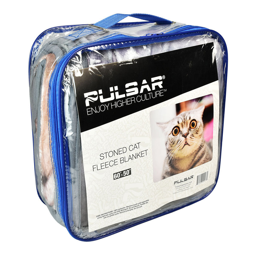 Pulsar Stoned Cat Fleece Throw Blanket in clear packaging, 50" x 60", cozy polyester material