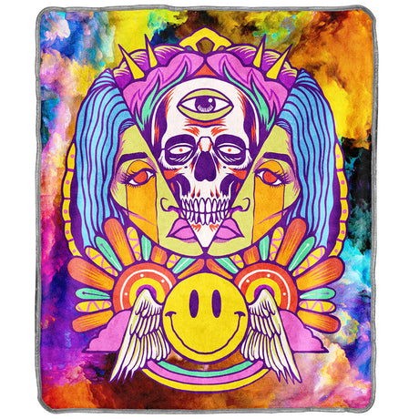 Pulsar Fleece Throw Blanket with vibrant Trippin' psychedelic design, size 60" x 50", in full view