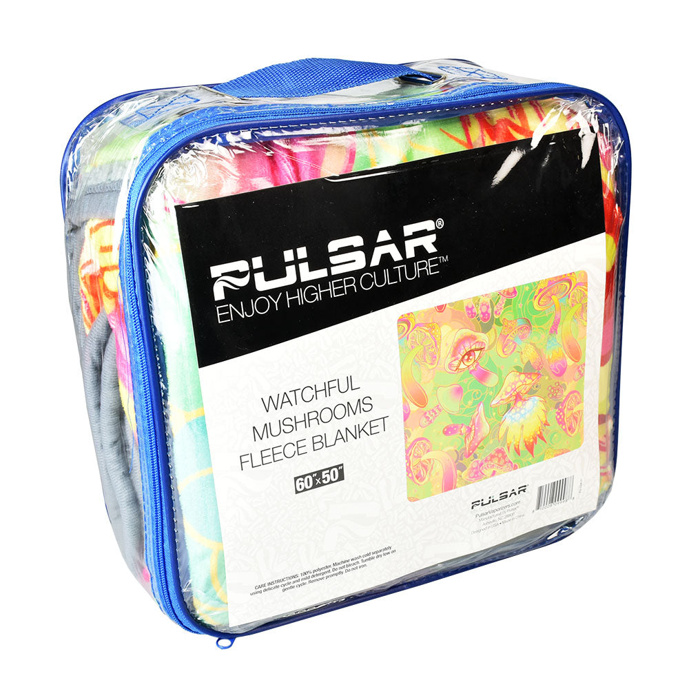 Pulsar Fleece Throw Blanket with Watchful Mushrooms design, packaged in a clear zippered bag