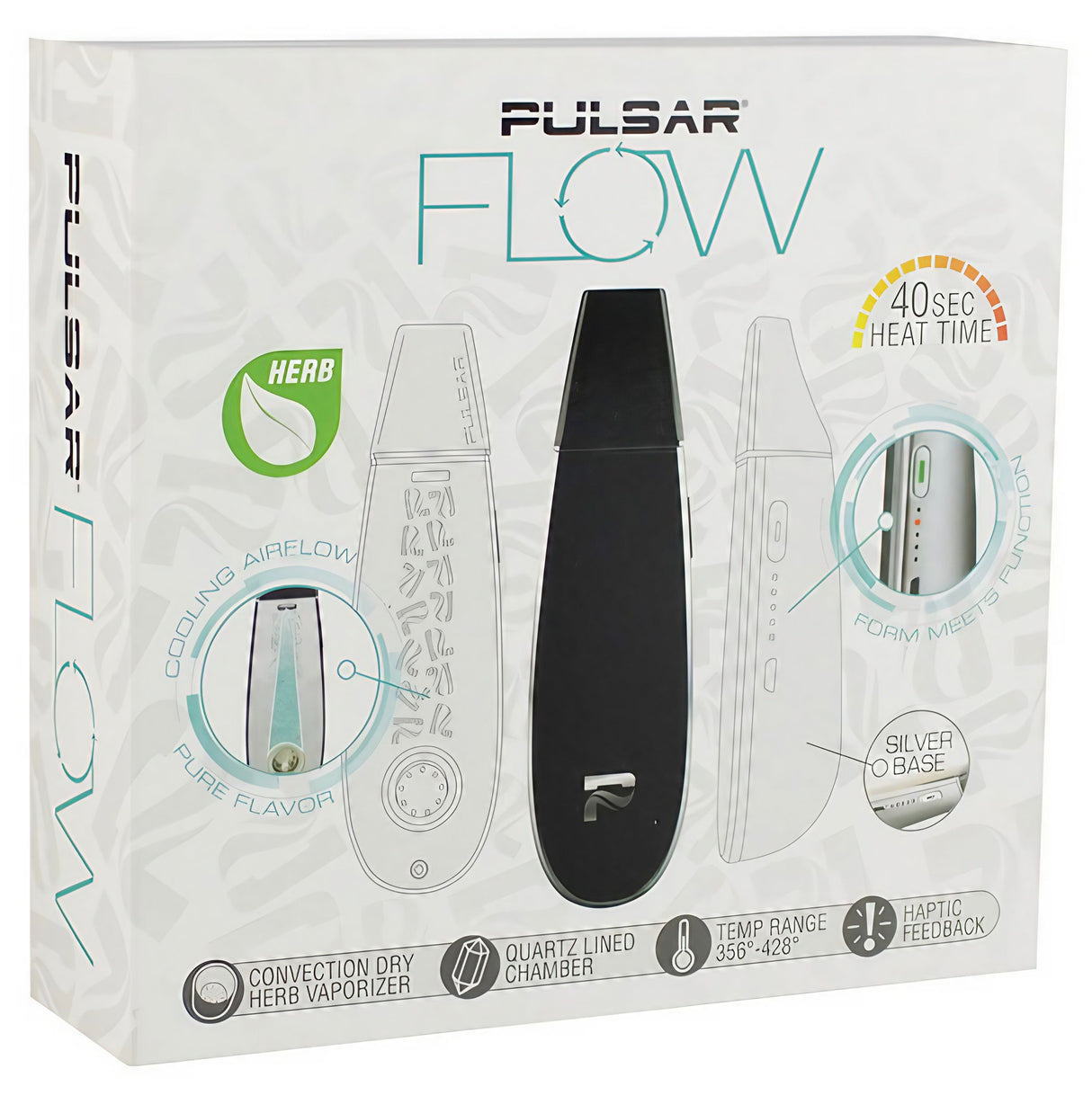 Pulsar Flow Vaporizer packaging with product features and black design front view