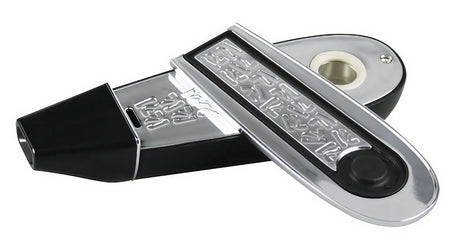Pulsar Flow Vaporizer in black with embossed logo, angled view showing heating chamber