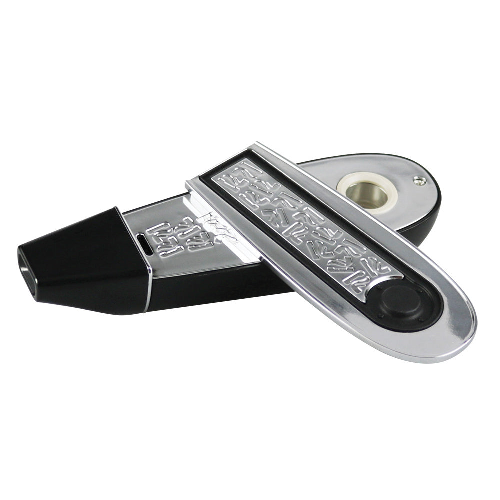 Pulsar Flow Vaporizer by Pulsar with embossed design, open to show chamber, angled view