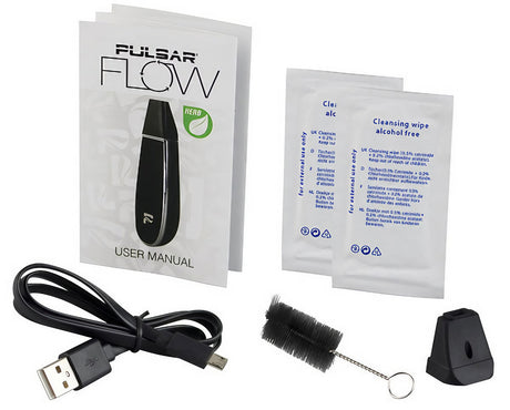 Pulsar Flow Vaporizer kit with USB cable, cleaning brush, silicone plug, and alcohol wipes