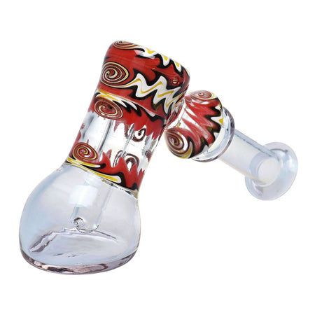 Pulsar Fluid Radiance Hammer Bubbler with vibrant red and yellow swirl design, side view on white background