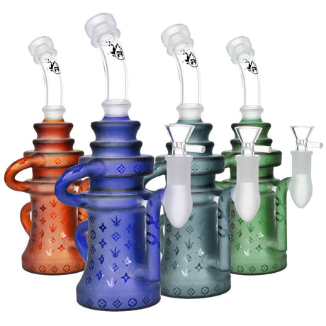 Pulsar Frosted Designer Recycler Bongs in assorted colors with deep bowls, front view