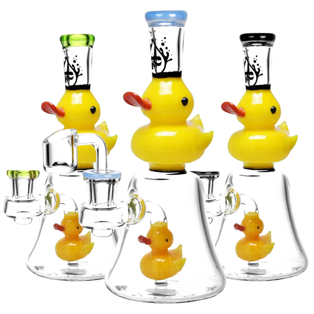 Pulsar Glass Double Duckie Rig, 7.5" height, 90-degree joint, front view on white background