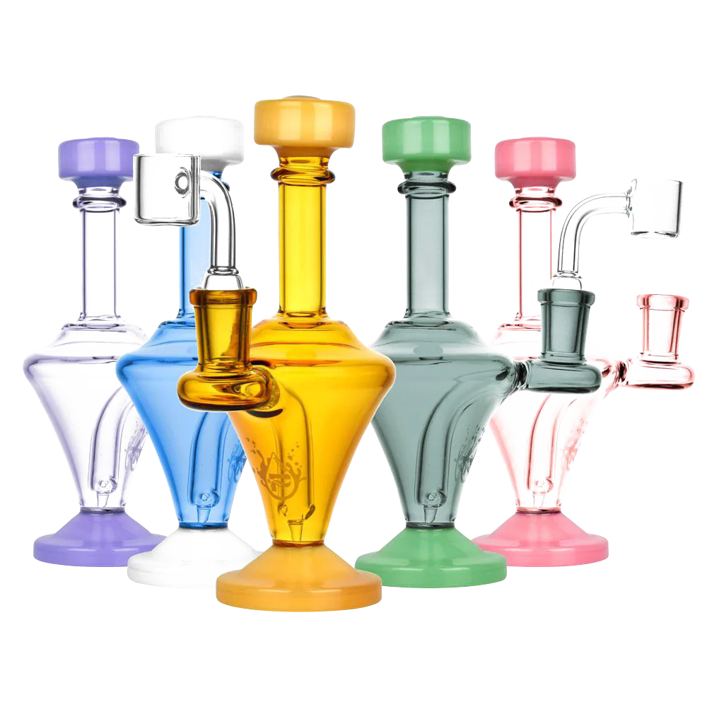 Pulsar Glass Finial Dab Rigs in assorted colors with 90 degree joints, front view on white background