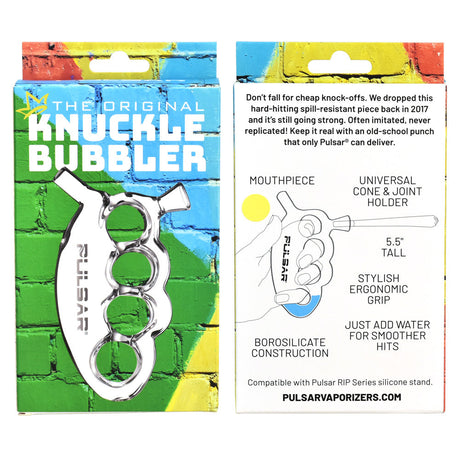 Pulsar Glass Knuckle Bubbler packaging front view highlighting borosilicate construction and ergonomic grip
