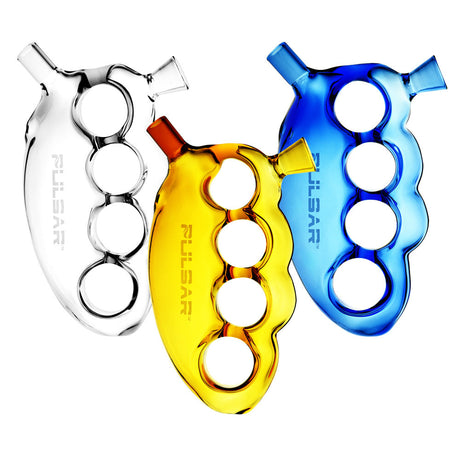 Pulsar Glass Knuckle Bubblers in silver, blue, and gold, made of borosilicate glass, top view