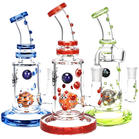 Pulsar Glass Wig Wag Ball Perc Rig in blue, red, and green variants with heavy wall borosilicate glass