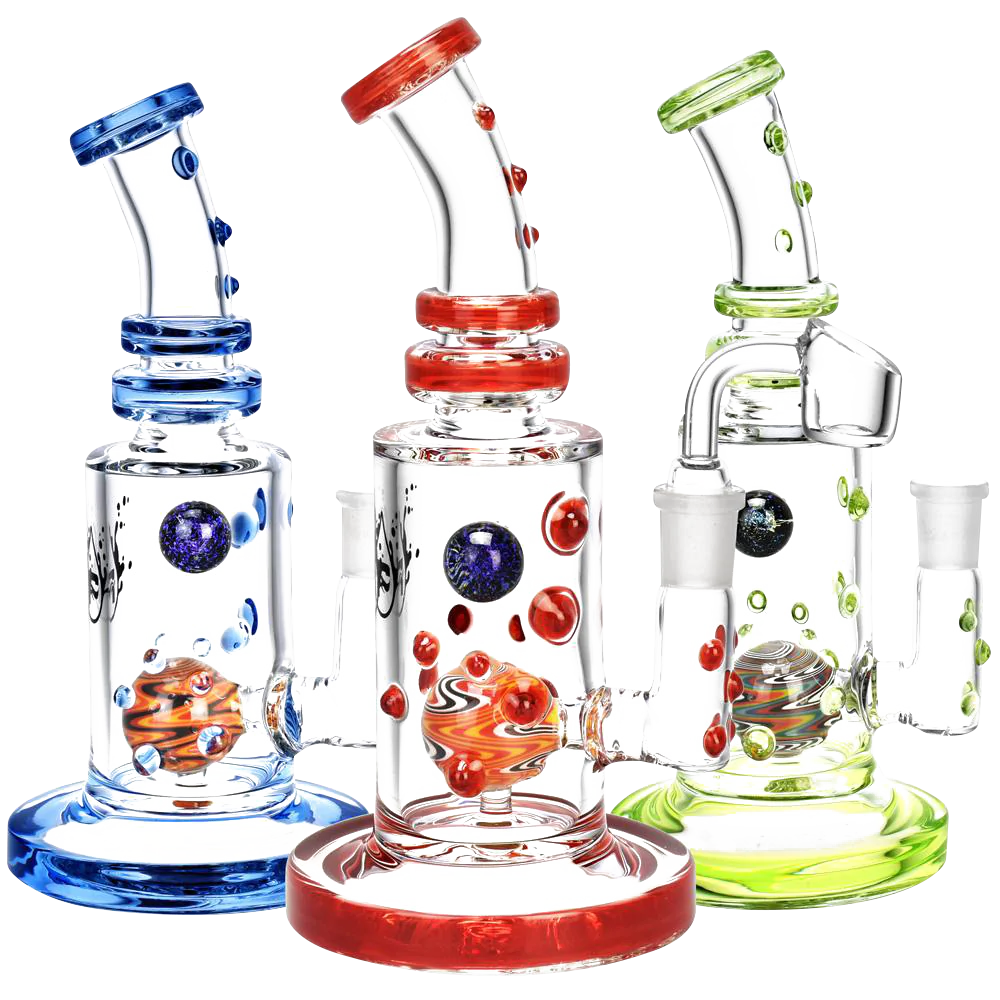 Pulsar Glass Wig Wag Ball Perc Rig in blue, red, and green variants with heavy wall borosilicate glass