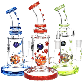 Pulsar Glass Wig Wag Ball Perc Rig in blue, red, and green variants with heavy wall borosilicate glass