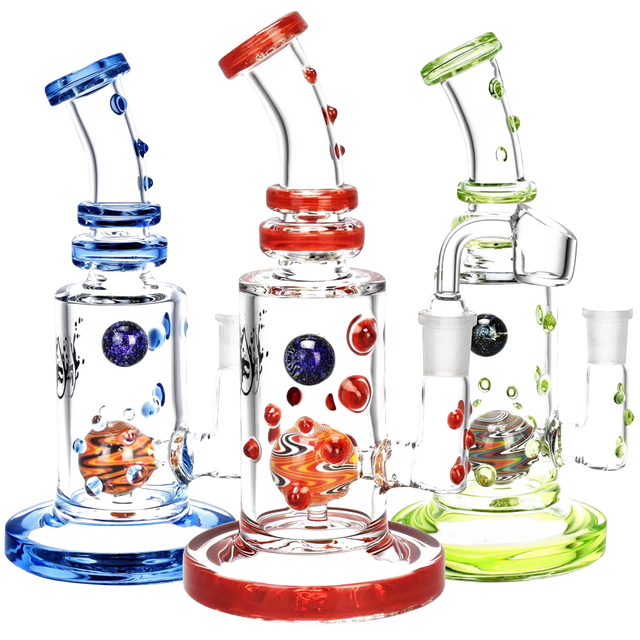 Pulsar Glass Wig Wag Ball Perc Rig in blue, red, and green variants with heavy wall borosilicate glass