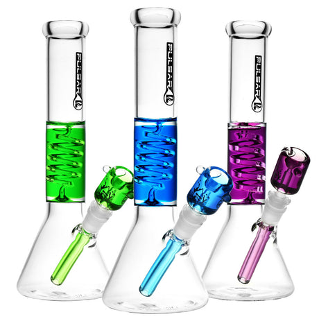 Pulsar Glycerin Coil Beaker Water Pipes in green, blue, and purple with 45-degree joints