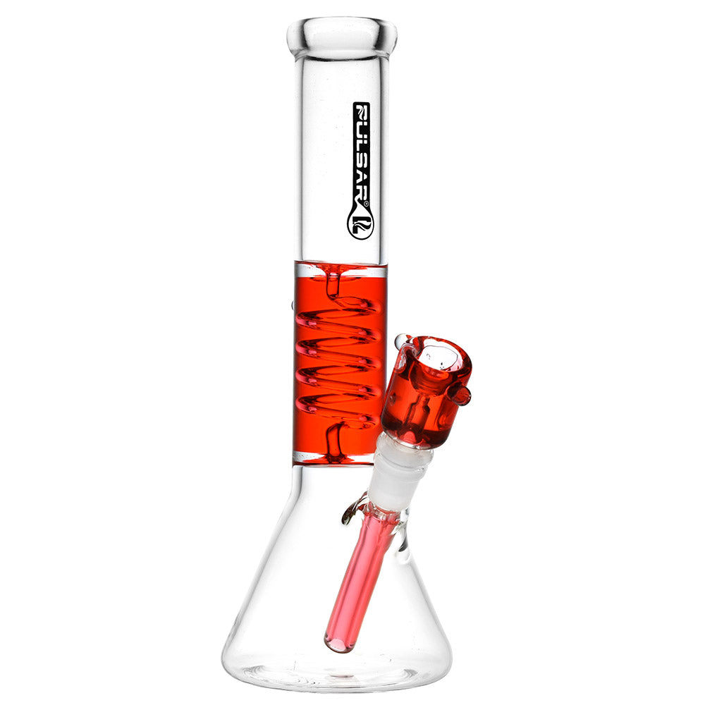 Pulsar Glycerin Coil Beaker Water Pipe in vibrant red with a 45-degree joint, perfect for dry herbs.