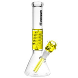 Pulsar Glycerin Coil Beaker Water Pipe with yellow accents, 11.5" tall, for dry herbs