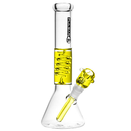 Pulsar Glycerin Coil Beaker Water Pipe with yellow accents, 11.5" tall, for dry herbs