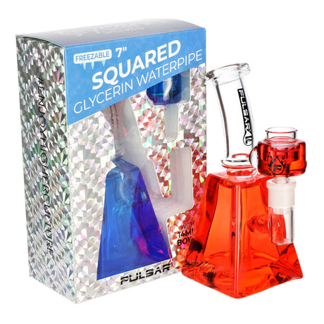 Pulsar Glycerin Series Squared Water Pipe in red with packaging, angled view, compact design for dry herbs