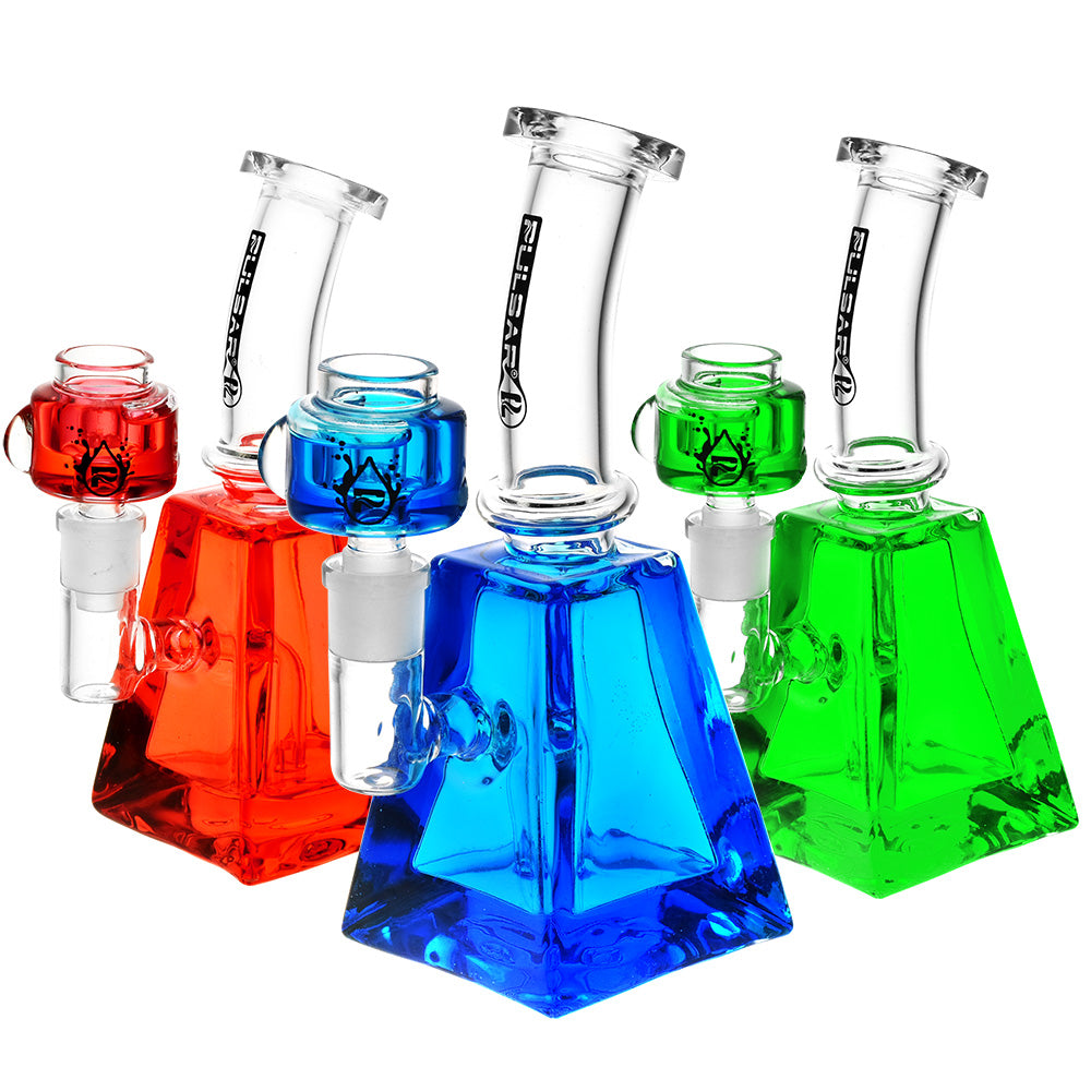 Pulsar Glycerin Series Squared Water Pipes in red, blue, and green, compact 7" height, 90-degree joint