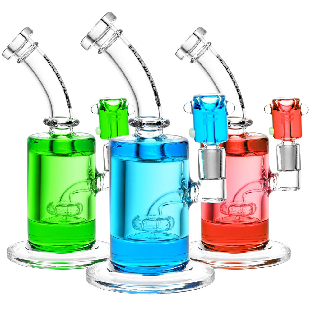 Pulsar Glycerin Water Pipes in green, blue, red, angled view with showerhead percolators for smooth hits