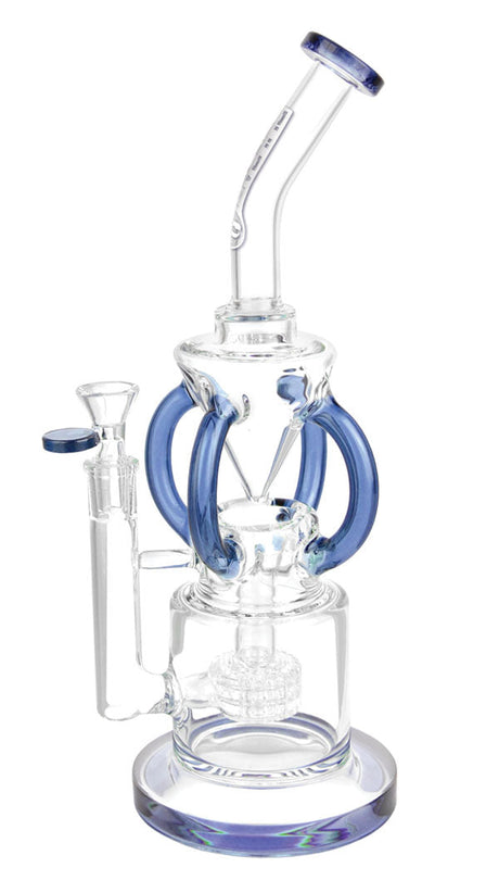 Pulsar Gravity Recycler Water Pipe with blue accents, 13" tall, side view on white background