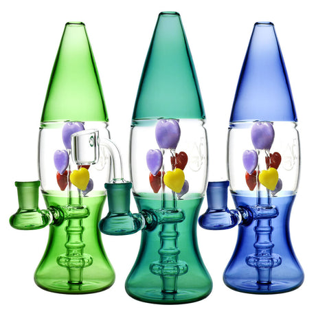 Pulsar Hearts Lava Lamp Rigs in green, teal, and blue with disc percolator and 14mm joint