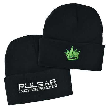 Pulsar Hemp Crown Beanie Cap in black acrylic, front view showing embroidered logo