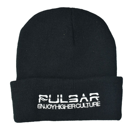 Pulsar Hemp Crown Beanie Cap in Black, featuring the Pulsar logo, one size fits all, front view.