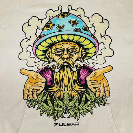 Pulsar Herbal Wisdom Hoodie in Tan with Psychedelic Graphic, Front View on White Background