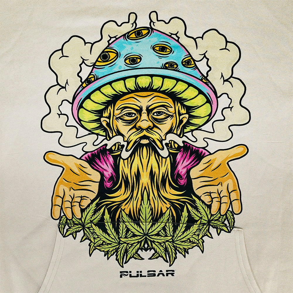 Pulsar Herbal Wisdom Hoodie in Tan with Psychedelic Graphic, Front View on White Background