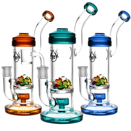 Pulsar Hidden Gems French Press Rigs in orange, teal, and blue with quartz bangers, front view