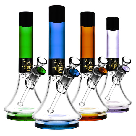 Pulsar High Class Beaker Bongs in various colors, front view, compact design, 10.5" height, for dry herbs
