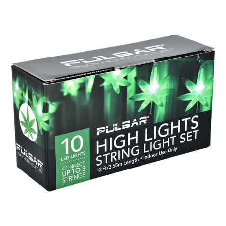 Pulsar High Lights Hemp Leaf LED String Light Set packaging front view with glowing lights