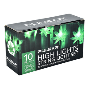 Pulsar High Lights Hemp Leaf LED String Light Set packaging front view with glowing lights