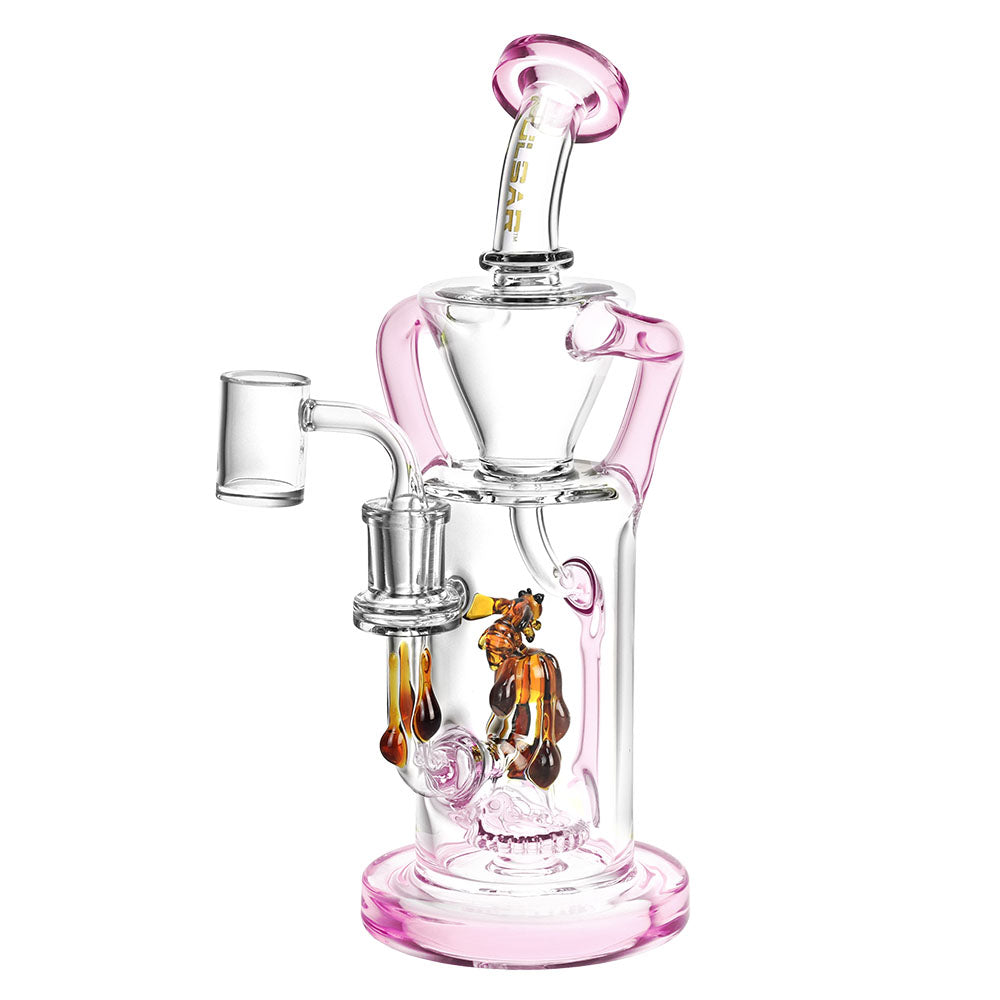 Pulsar Honey Sweetness Recycler Dab Rig with intricate honeybee design, 10 inch, 14mm Female joint, front view.