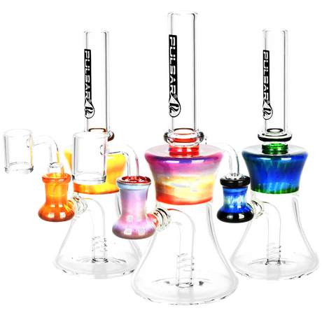 Pulsar Hourglass Chugger Dab Rigs in various colors with thick borosilicate glass and quartz bangers
